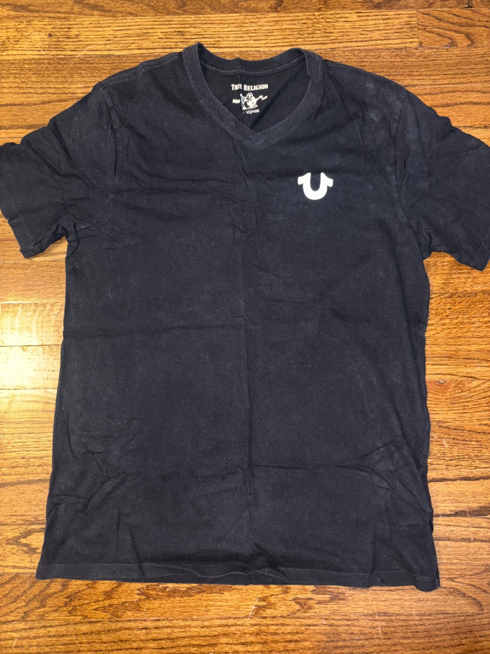 True Religion Black V-Neck T-Shirt with White Logo